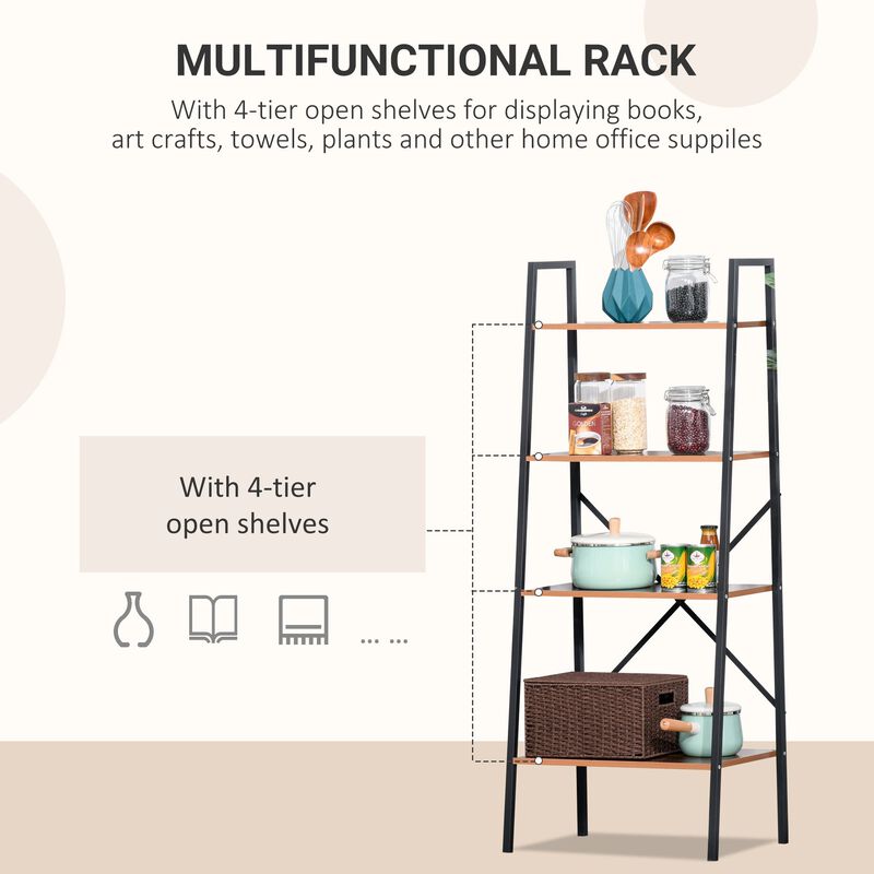Black Rustic Organizer: 4-Tier Vintage Ladder Bookshelf for Bathroom/Living Room