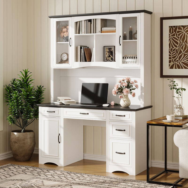 FUFU&GAGA Rustic Office Desk with Transparent Glass Doors, Shelves, Multiple Drawers, Large Storage Space, and Power Strip, (57.9 in. W x 10.7 in. D x 78.7 in. H), White and Black
