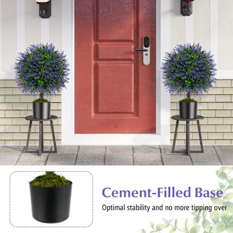 Hivvago 23 Inch Set of 2 Artificial Lavender Topiary Ball Trees with Cement-Filled Pot