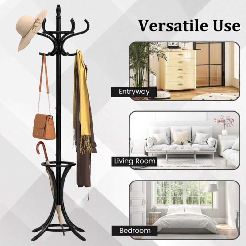Freestanding Wooden Coat Rack with 12 Hooks and Built-In Umbrella Stand image number 8