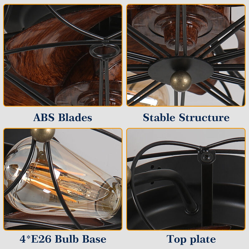 20" Low Profile Caged Ceiling Fan with Lights & Remote &ndash; Industrial Rustic Flush Mount Fan image number 5