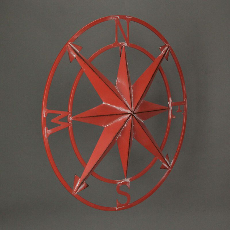 20 Inch Distressed Metal Compass Rose Nautical Wall Decor Indoor Outdoor, Coral image number 2