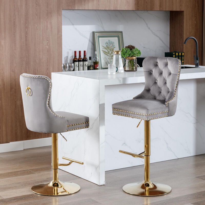 Swivel Barstools Modern Upholstered Counter Chairs with Tufted Back & Adjustable Seat for Kitchen & Bar - Set of 2