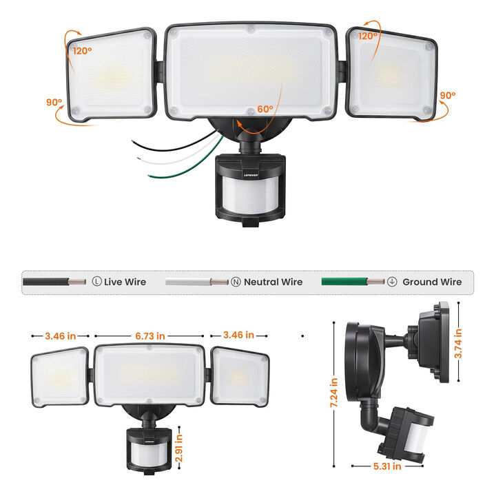 LEPOWER LED Security Light, Motion Sensor Outdoor Lights, 38W 4200LM | 72 FT Range, IP65 Waterproof, 180&deg; Motion Sensor, 5500K, 3 Head Flood Light