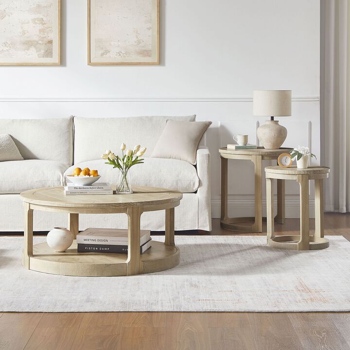 Large Curved 2-Tier Traditional Round Wooden Center Coffee Table Set,Mid-Century Rustic Style Round Table with Wheels (1 Coffee Table + 1 Side Table)