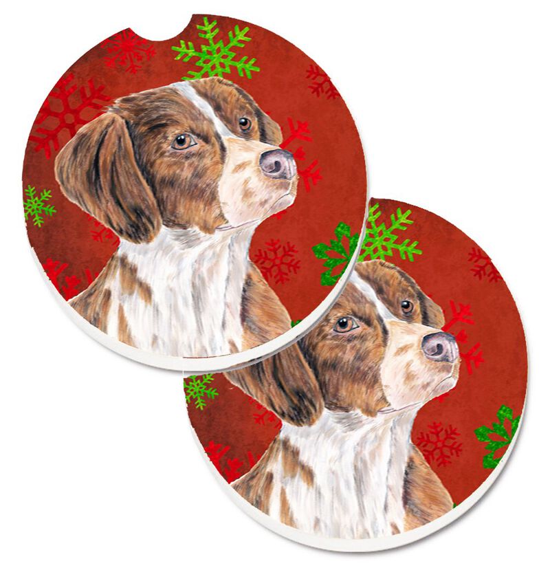 Caroline's Treasures Brittany Red & green Snowflakes Holiday Christmas Set of 2 Cup Holder Car Coasters SC9429CARC, 2.56, Multicolor image number 0
