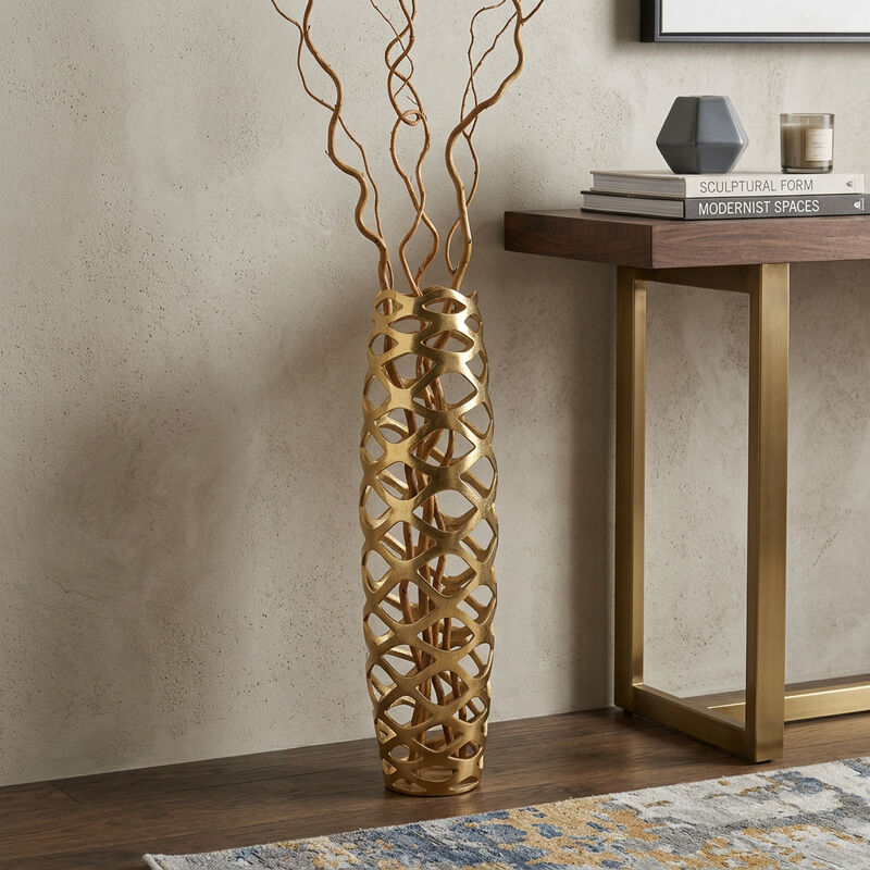 HomeRoots 31" Gold Aluminum Pierced Geometric Cylinder Floor Vase image number 1
