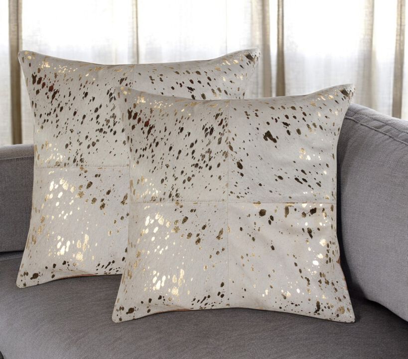HomeRoots Set of Two 18" Natural and Gold Abstract Cowhide Throw Pillows with Glitter