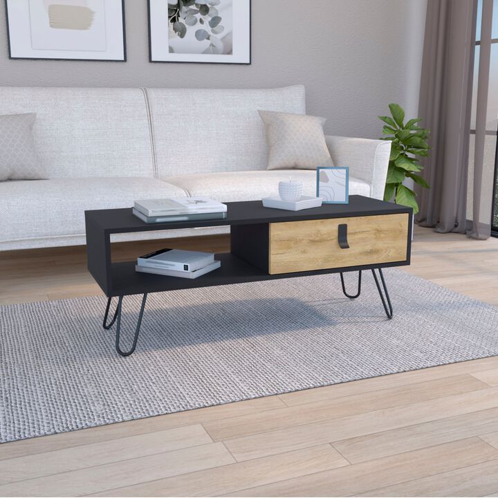 DEPOT E-SHOP Mosby Coffee Table with Modern Hairpin Legs Design and Drawer, Black / Macadamia