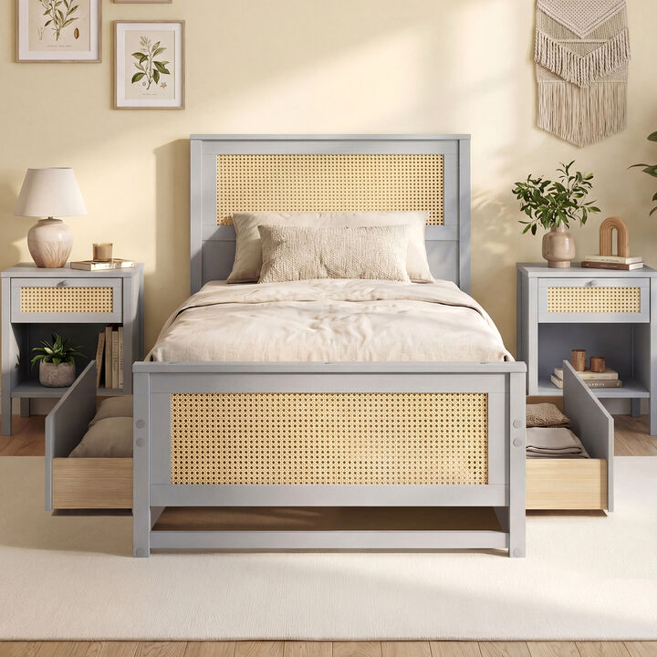 Twin Size Bed Frame with Rattan Headboard and Storage Drawers
