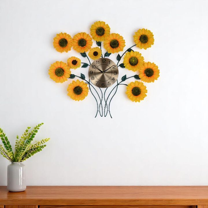 HomeRoots 31" Yellow Green And Gold Metal Silent Analog Sunflower Floral Wall Clock