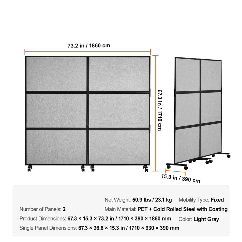 Office Privacy Divider with 2 Panels, Freestanding Room Partition for Workstations and Offices-Light Grey image number 2