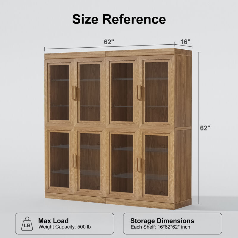62" High Glass Door Wood Grain Decorative Storage Cabinet Display Cabinet, with Sufficient Space for 12 Shelves image number 5