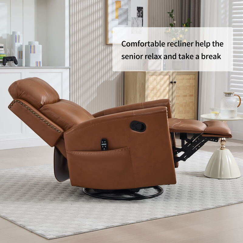 Genuine Leather Heat Massage Manual Recliner Chair with Rocker and Swivel for Living Room image number 8