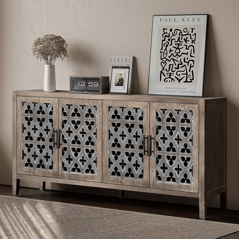 Sesjog Farmhouse Hollow‑Carved 4‑Door Sideboard Storage Cabinet image number 8