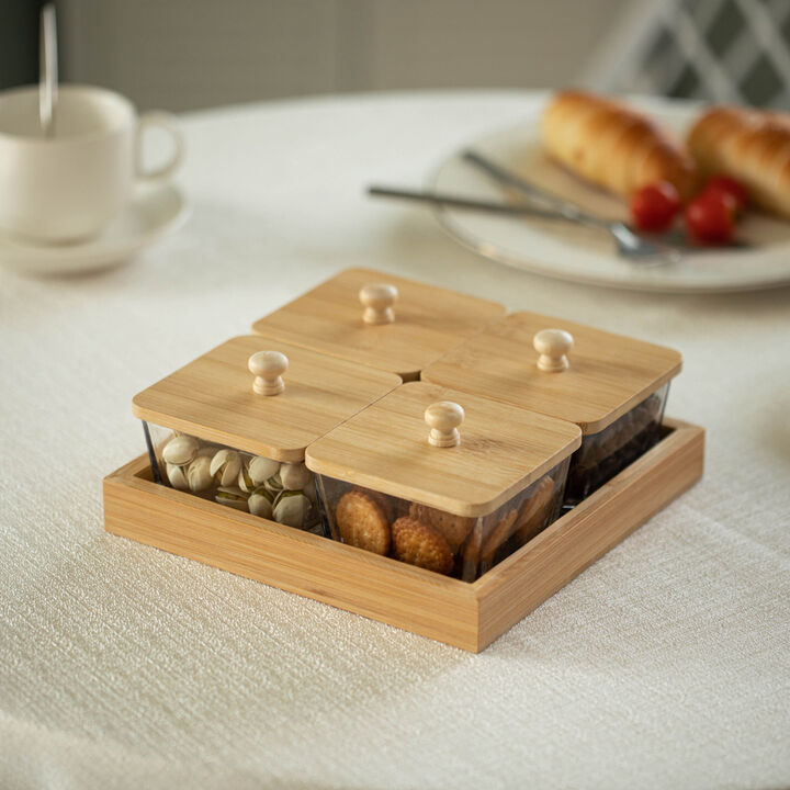 Basicwise Set of 4 Square Glass Jars with Bamboo Lids and Wooden Tray &ndash; Square Charcuterie, Snack Organizer and Fruit Platter for Party, Candy Jars, Cookies, Nuts, Fruits and Snack Box