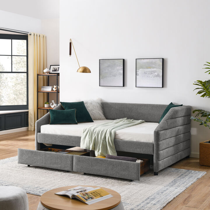 Full Size Daybed with Two Drawers Trundle Upholstered Tufted Sofa Bed, Linen Fabric, Grey (82.5" x 58" x34")