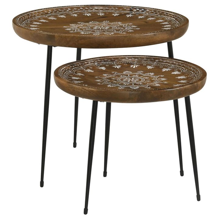 2 Piece Round Nesting Tray Top Table Set, Carved Edges, Motif Design, Brown - Benzara