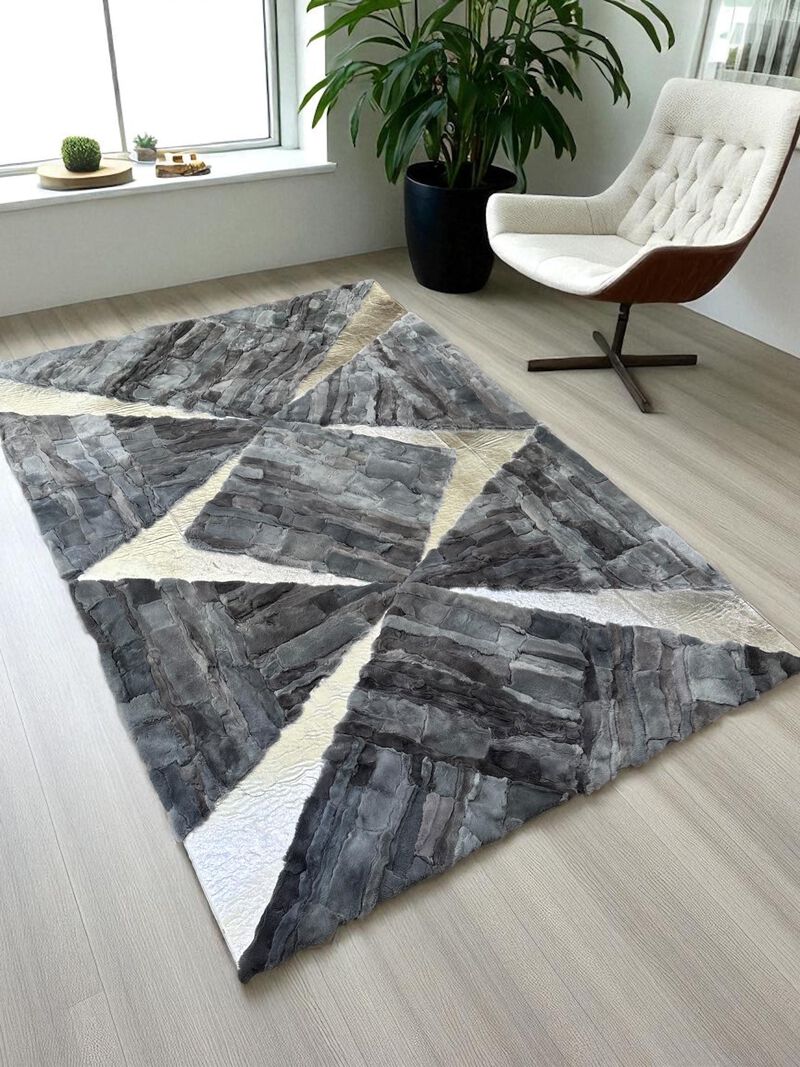 Modern Geometric Rex Rabbit Fur Area Rug in Grey and White, Soft Shaggy Rectangular Carpet, Luxury Hair Fur Living Room Rug, Custom Handmade image number 2