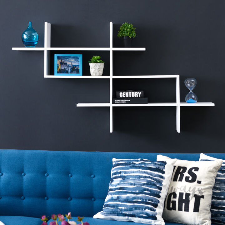 3-Tier Rustic Hanging Wall Mount Floating Ladder Accent Shelf with Criss Cross Asymmetrical Modern Design