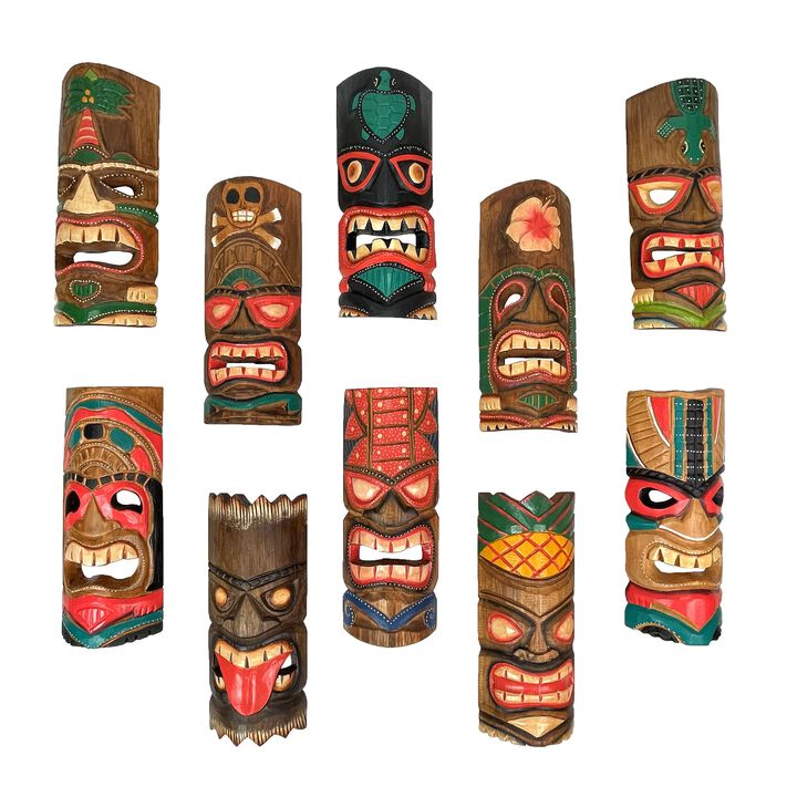 Set Of 10 Hand-Carved Tropical Island Style Tiki Masks Decorative Wall Hangings