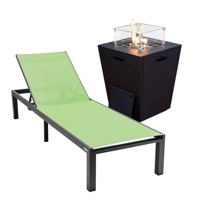 LeisureMod Marlin Modern Black Aluminum Outdoor Patio Chaise Lounge Chair in Black Frame with Square Fire Pit Side Table