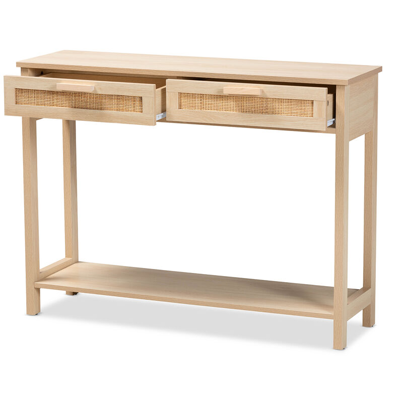 Baxton Studio Sebille Mid Century Light Brown Finished 2 Drawer Console Rattan Table image number 2