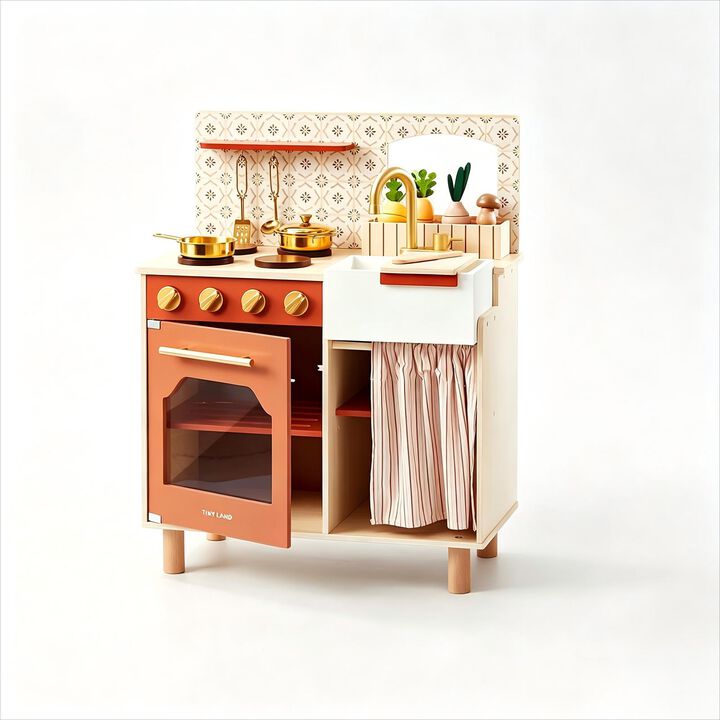 Mediterranean Play Kitchen for Toddlers - Wooden Kids Kitchen Playset with Cutting Food & Cookware, Oven, Stove, Sink, Built-In Storage