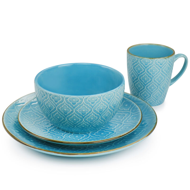 Elama Aqualite 16 Piece Embossed Stoneware Dinnerware Set in Teal