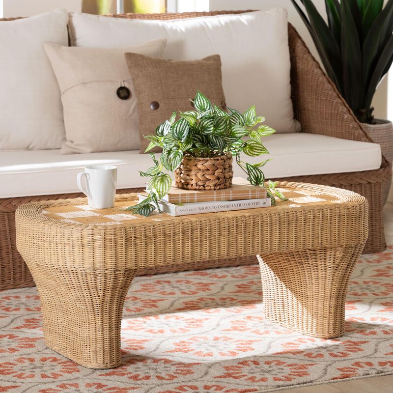 bali & pari Canika Natural Rattan Coffee Table - Handwoven Wicker Accent Table with Checkered Tabletop and Waterfall Base for Living Room or Sunroom image number 5
