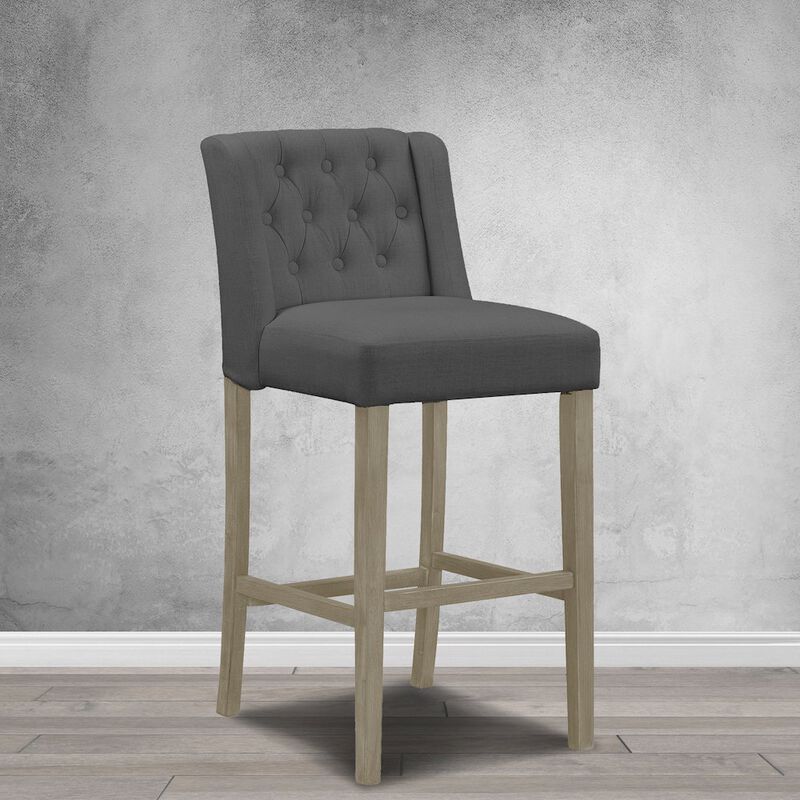 Glamour Home Set of 2 Aled Gray Fabric Bar Stool with Side Wings and Tufted Buttons