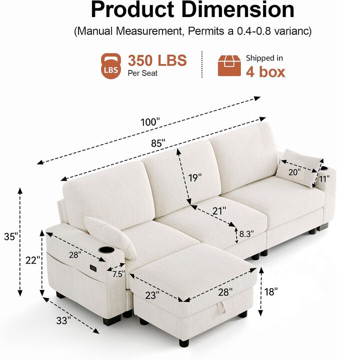 Vipbear 100 Inch Modular Sectional Sofa, Soft Chenille L Shaped Couch with Moveable Storage Ottoman
