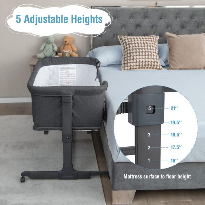 Hivago 3-in-1 Foldable Baby Bedside Sleeper  with Mattress and 5 Adjustable Heights-Dark Gray