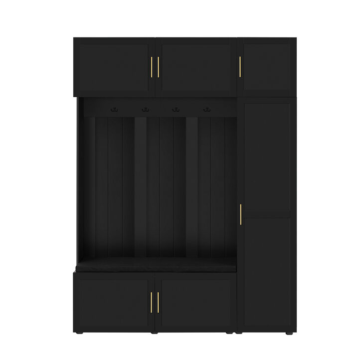 Merax Entryway Hall Tree with Cushioned Seating Bench, 4 Decorative Hooks & Tiered Shelves