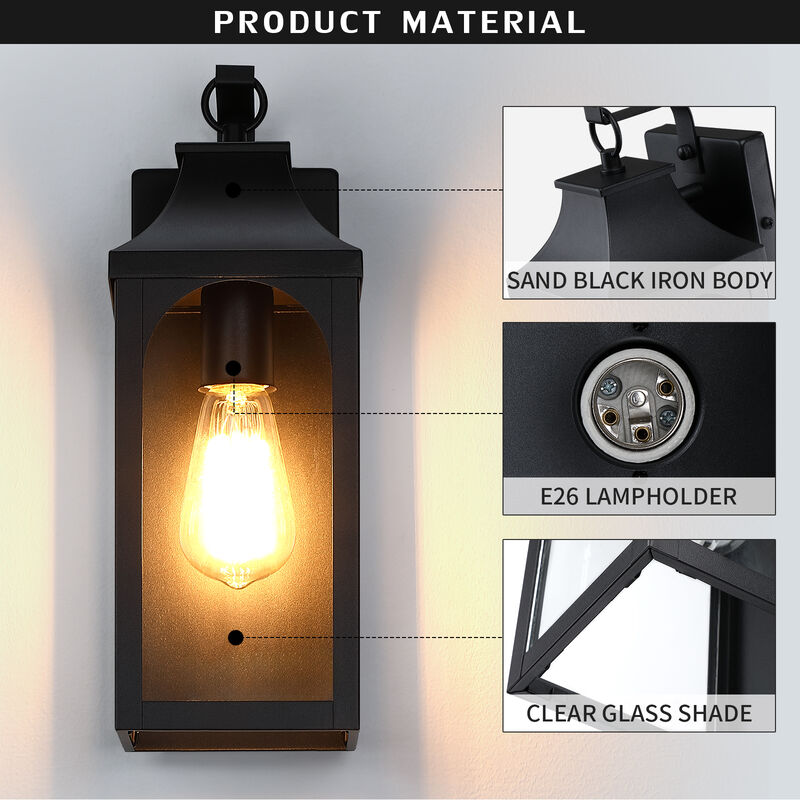 14 in. 1-Light Black Outdoor Wall Lantern with Clear Glass Shade (Set of 2) image number 3