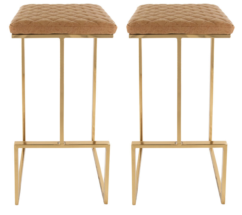LeisureMod Quincy Stitched Leather Gold Metal Bar Stools &ndash; Set of 2, Stylish and Comfortable Seating