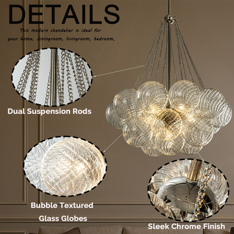 27'' Modern Glam Cluster Chandelier 6 Lights Pendant with Hand Blown Textured Glass Globes And Chrome Finish for Dining Room and Foyer image number 6
