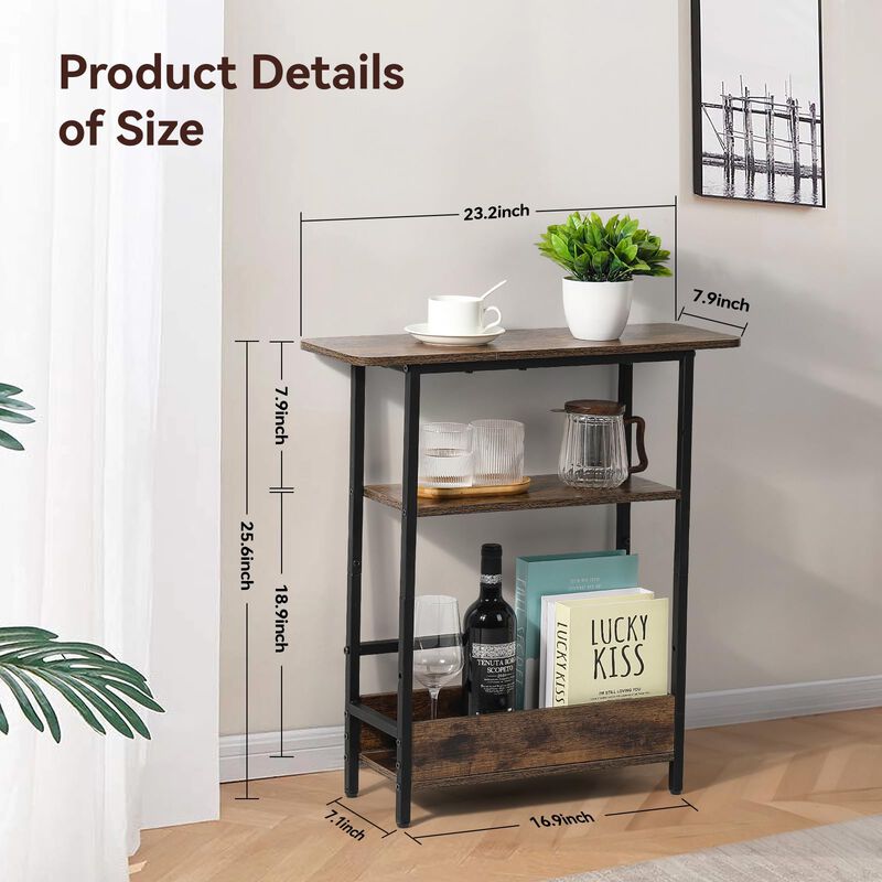 Narrow Side Table for Small Spaces, 3-Tier Small End Table with Storage Shelf and Magazine Holder, Slim and Skinny Nightstand fo