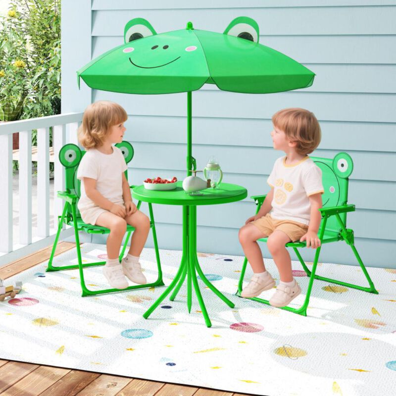 Hivvago 4 Pieces Kids Picnic Set with 2 Folding Chairs and Height Adjustable Umbrella