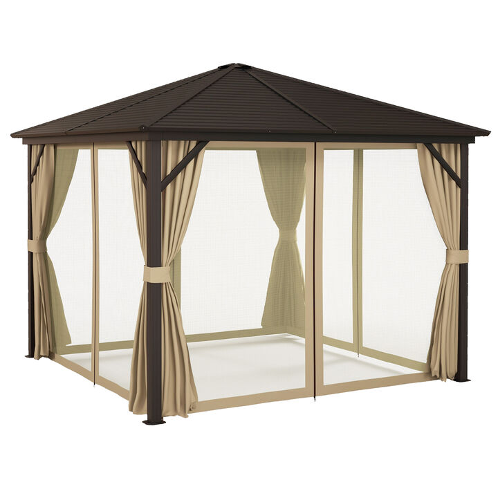 Outsunny 10' x 10' Hardtop Gazebo Canopy with Galvanized Steel Roof, Aluminum Frame, Permanent Pavilion Outdoor Gazebo with Hook, Netting and Curtains for Patio, Garden, Backyard, Brown