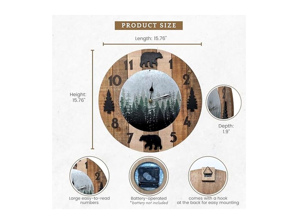 Wooden Black Bear Rustic Charm Wildlife Wall Clock 15 Inch Silent Wood