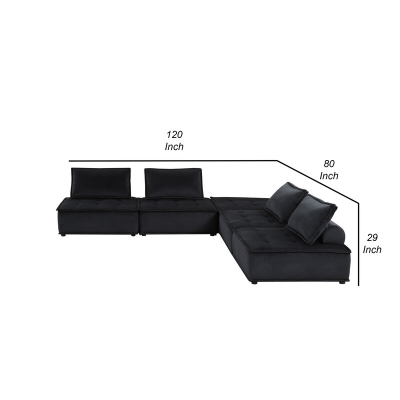 Alaya 5pc Foam Modular Sectional Sofa with Ottoman, Black Velvet Upholstery