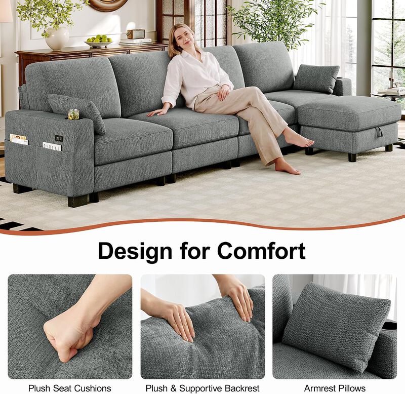 Vipbear 128 Inch Modular Sectional Sofa, Comfy Chenille 5 Seater L Shaped Cloud Couch with Ottoman image number 2
