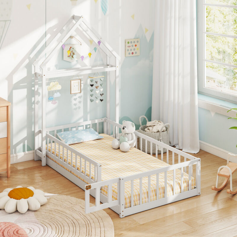 House Floor Bed with House-Shaped Headboard, Fun Kids&rsquo; Bed for Bedroom Decor