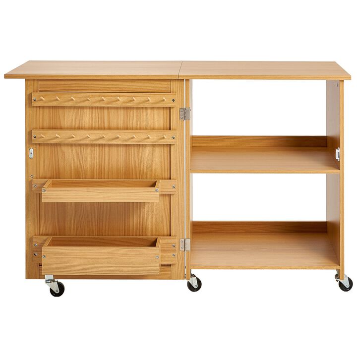 Folding Sewing Table with Storage Cabinet, Wheels, Shelves and Magnetic Doors