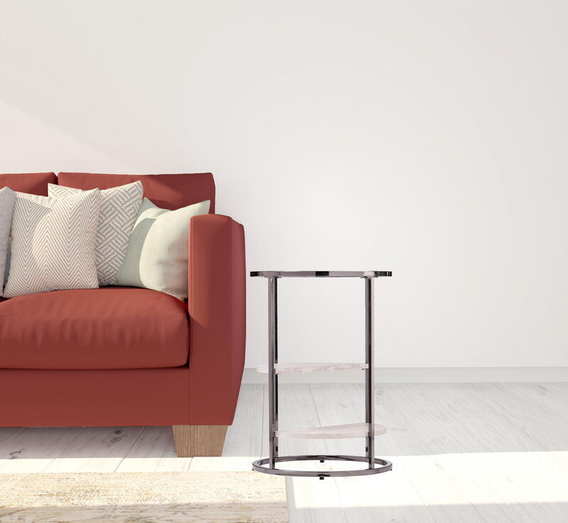 Hivvago 24 Inch Black Metal Glass And Faux Marble Round End Table With Two Shelves