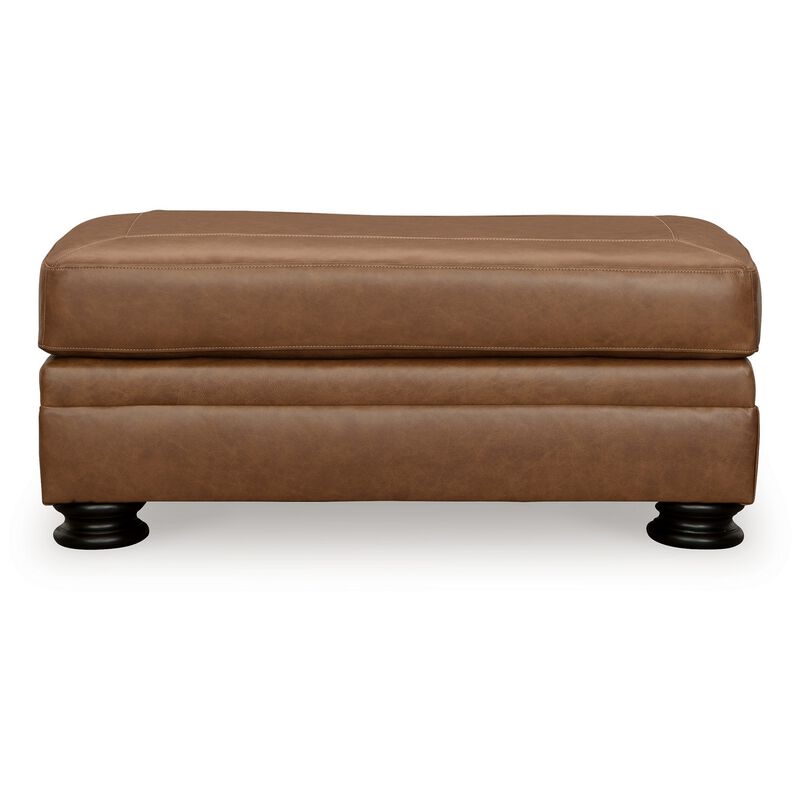Aida 44 Inch Ottoman, Plush Cushion Top, Caramel Brown Genuine Leather - Benzara
