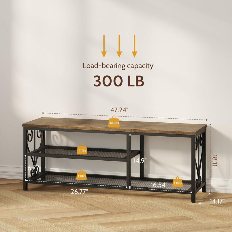 Shoe Bench with Shoe Rack, 47.2" L Entryway Bench with Seating, 2-Tier Shoe Organizer with Rustic Wood Top & Metal Frame for Entryway image number 2