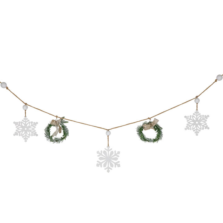 4.75" Snowflake and Frosted Pine Christmas Garland with Wooden Beads - Unlit