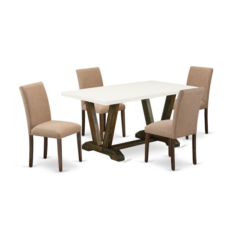 East West Furniture 5-Pc Dining Room Table Set Includes 4 Dining Chairs with Upholstered Seat and High Back and a Rectangular Dining Table - Distressed Jacobean Finish